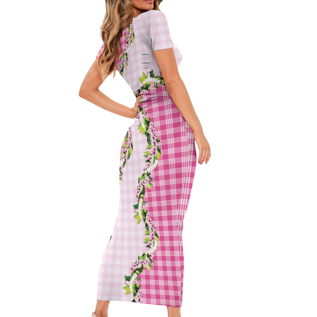 Pink Hawaii Palaka Short Sleeve Bodycon Dress Maile Pikake Honohono Orchid Lei