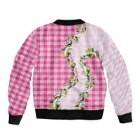 Pink Hawaii Palaka Sleeve Zip Bomber Jacket Maile Pikake Honohono Orchid Lei