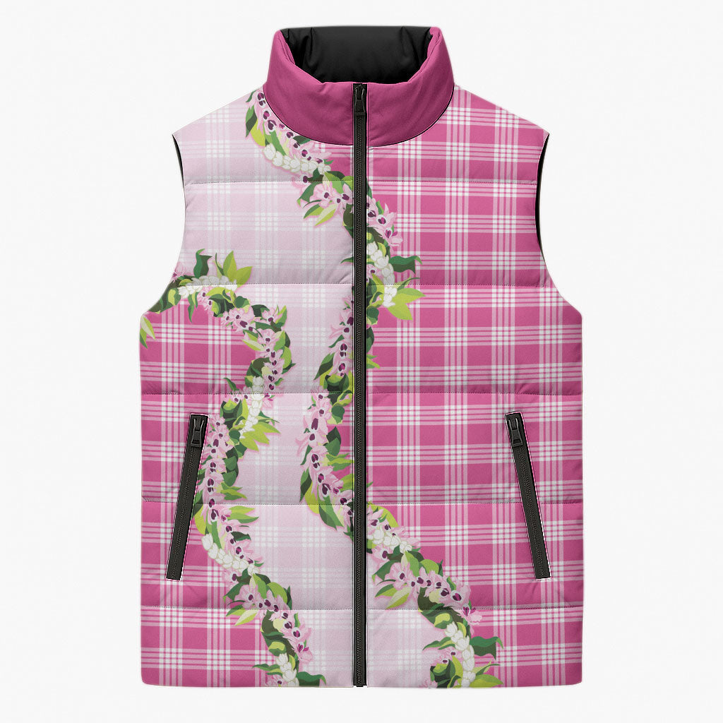 Pink Hawaii Palaka Sleeveless Puffer Jacket Maile Pikake Honohono Orchid Lei LT05 Unisex Pink - Polynesian Pride