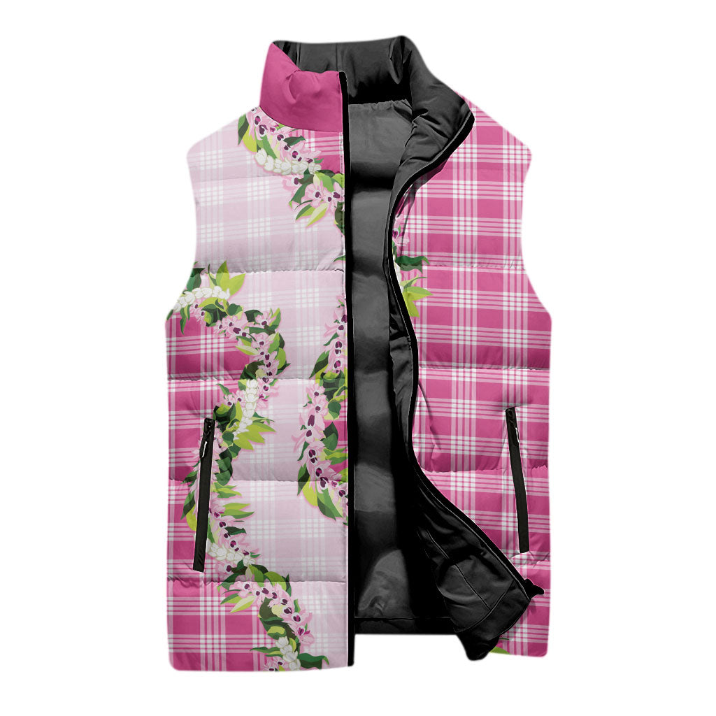 Pink Hawaii Palaka Sleeveless Puffer Jacket Maile Pikake Honohono Orchid Lei