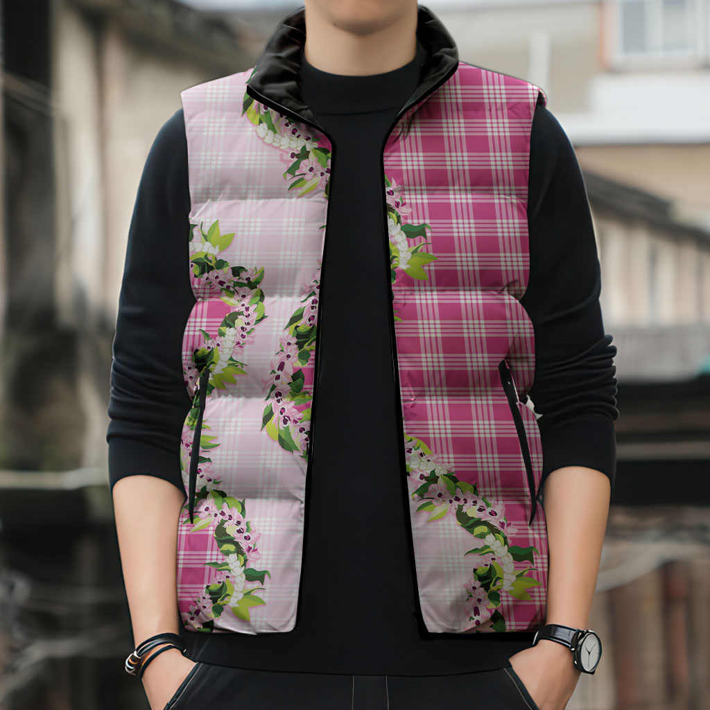 Pink Hawaii Palaka Sleeveless Puffer Jacket Maile Pikake Honohono Orchid Lei