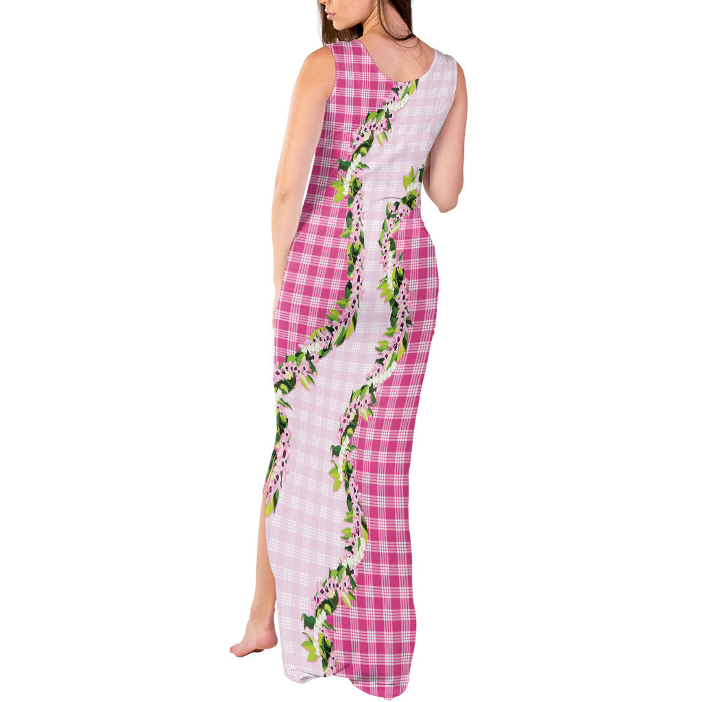 Pink Hawaii Palaka Tank Maxi Dress Maile Pikake Honohono Orchid Lei
