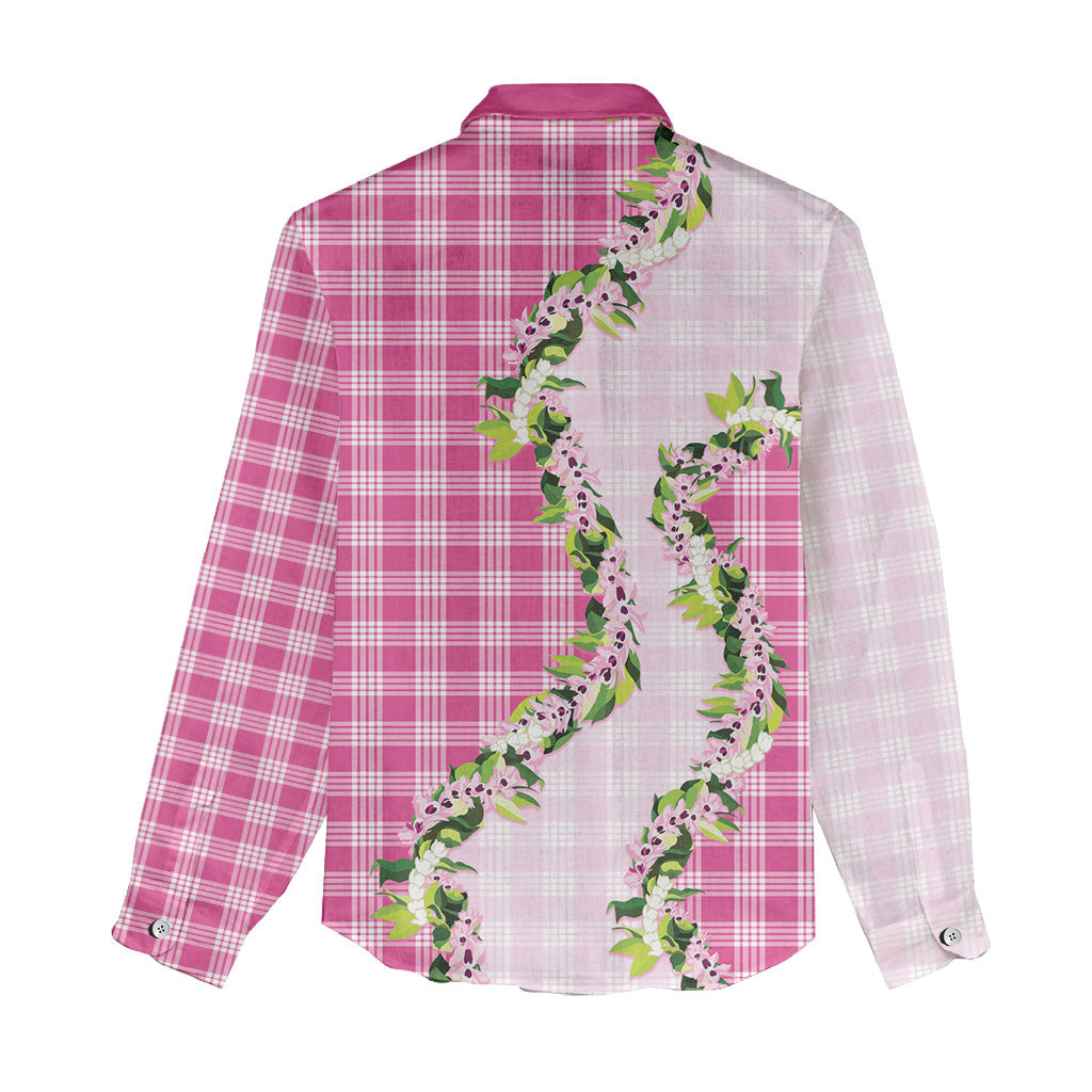 Pink Hawaii Palaka Women Casual Shirt Maile Pikake Honohono Orchid Lei