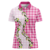 Pink Hawaii Palaka Women Polo Shirt Maile Pikake Honohono Orchid Lei