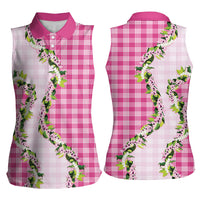 Pink Hawaii Palaka Women Sleeveless Polo Shirt Maile Pikake Honohono Orchid Lei