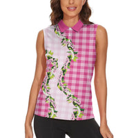 Pink Hawaii Palaka Women Sleeveless Polo Shirt Maile Pikake Honohono Orchid Lei