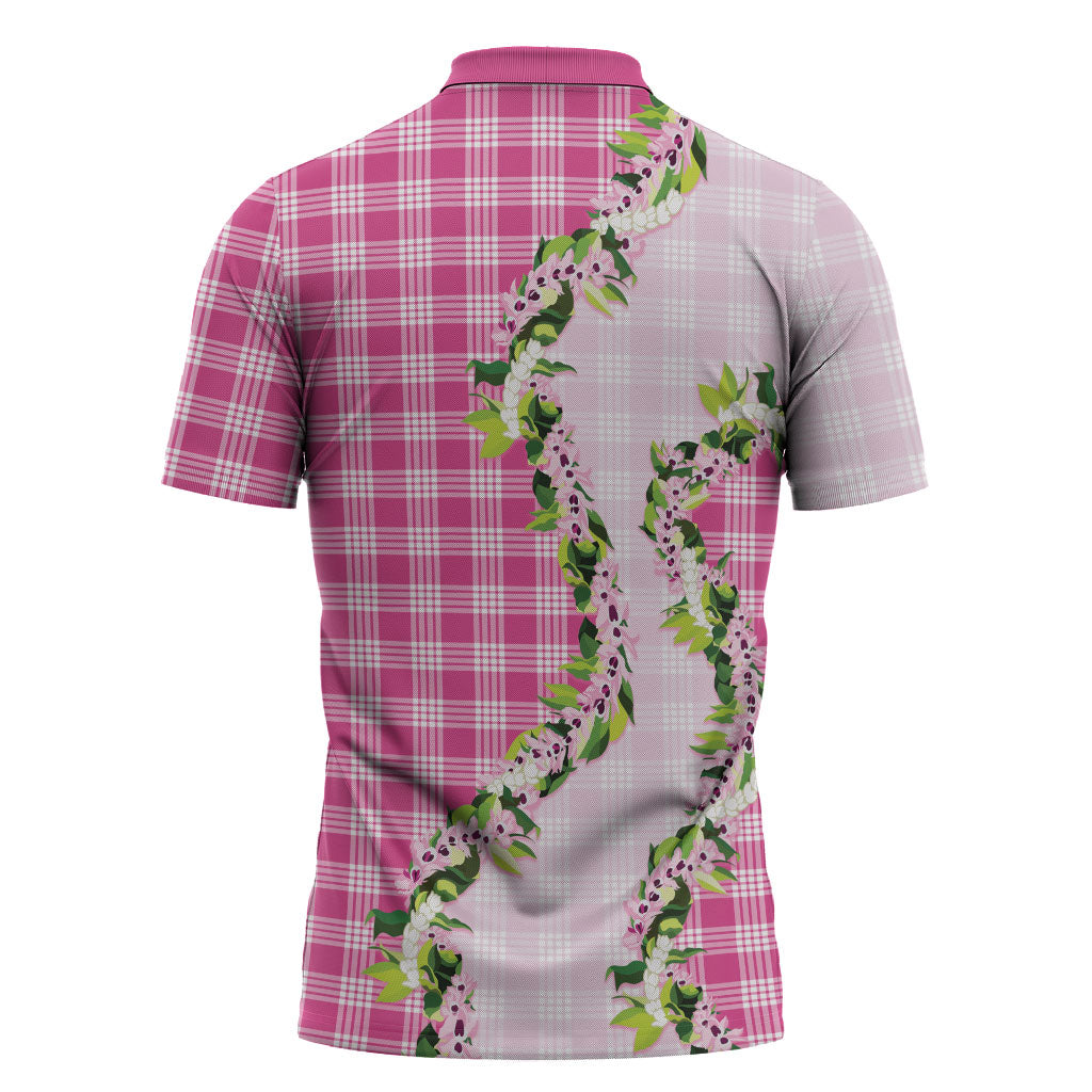 Pink Hawaii Palaka Zipper Polo Shirt Maile Pikake Honohono Orchid Lei