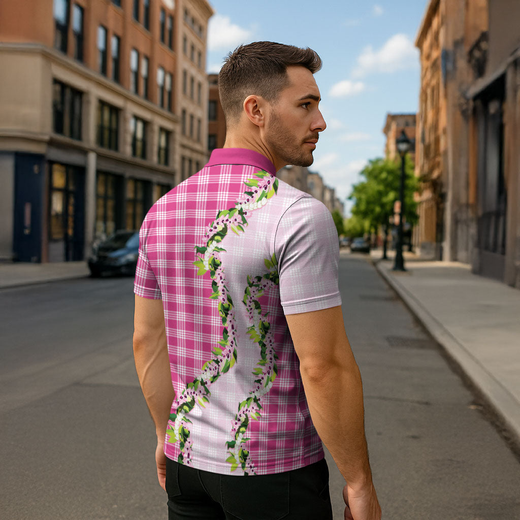 Pink Hawaii Palaka Zipper Polo Shirt Maile Pikake Honohono Orchid Lei