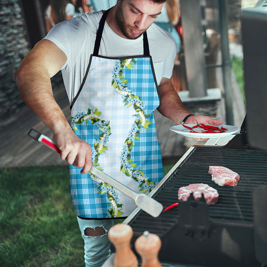 Blue Hawaii Palaka Apron Maile Pikake Honohono Orchid Lei