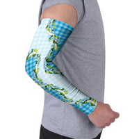 Blue Hawaii Palaka Arm Sleeves Maile Pikake Honohono Orchid Lei