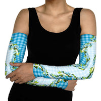 Blue Hawaii Palaka Arm Sleeves Maile Pikake Honohono Orchid Lei