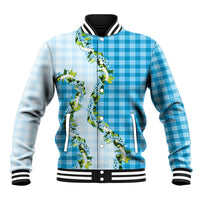 Blue Hawaii Palaka Baseball Jacket Maile Pikake Honohono Orchid Lei