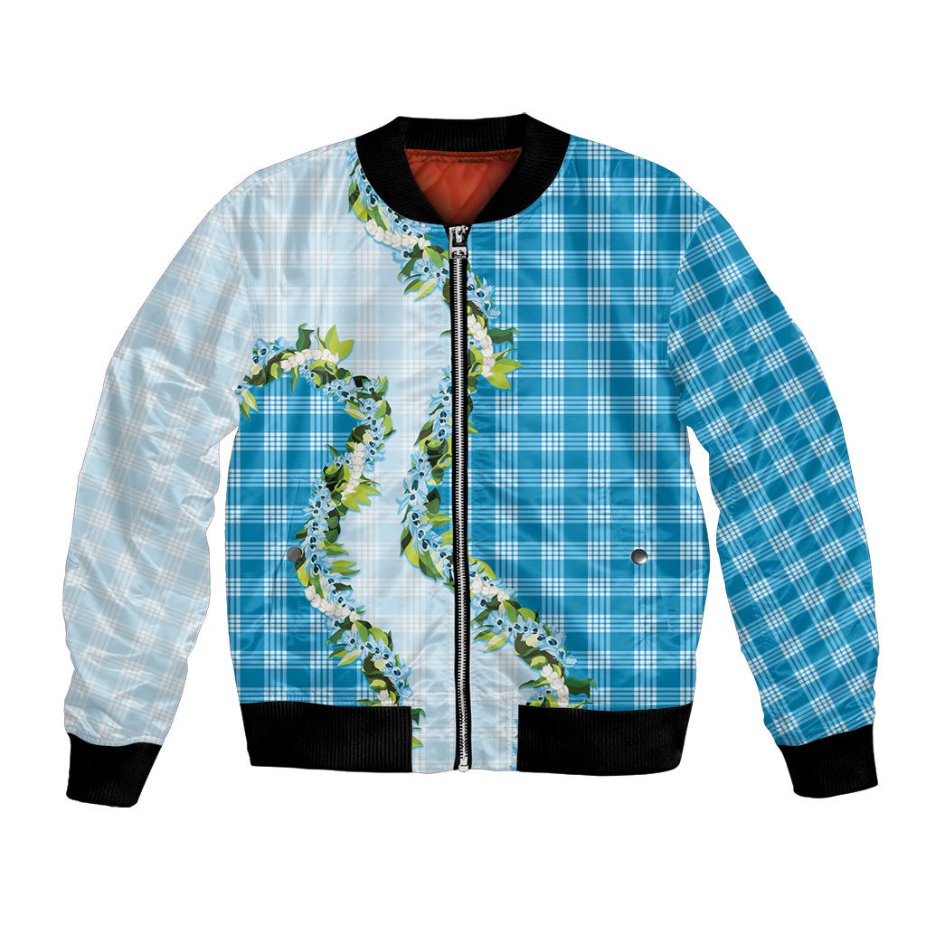 Blue Hawaii Palaka Bomber Jacket Maile Pikake Honohono Orchid Lei