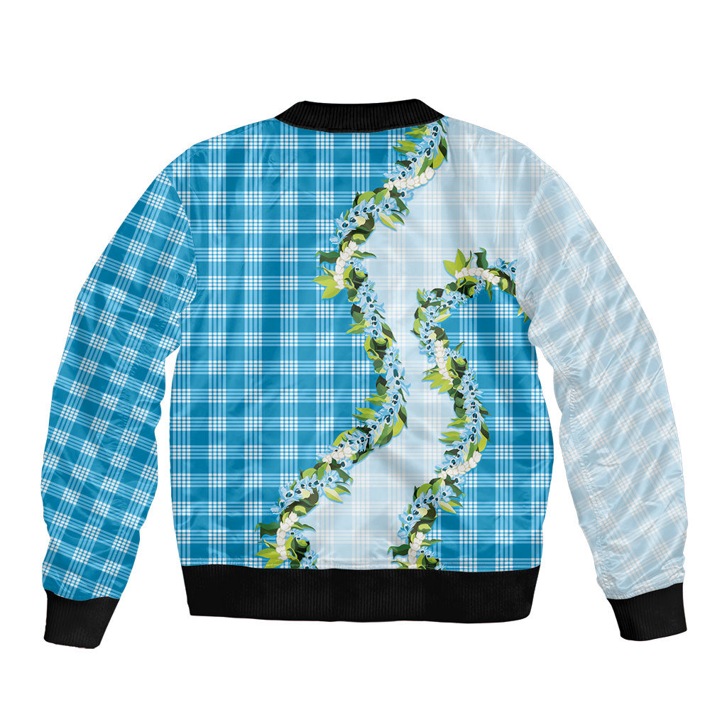 Blue Hawaii Palaka Bomber Jacket Maile Pikake Honohono Orchid Lei