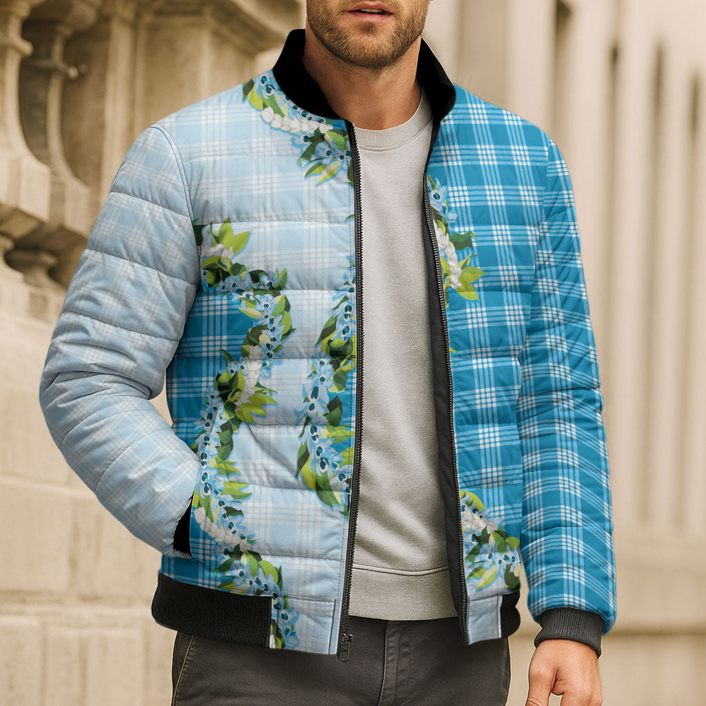 Blue Hawaii Palaka Bomber Puffer Jacket Maile Pikake Honohono Orchid Lei