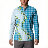 Blue Hawaii Palaka Button Sweatshirt Maile Pikake Honohono Orchid Lei