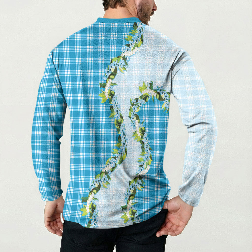 Blue Hawaii Palaka Button Sweatshirt Maile Pikake Honohono Orchid Lei