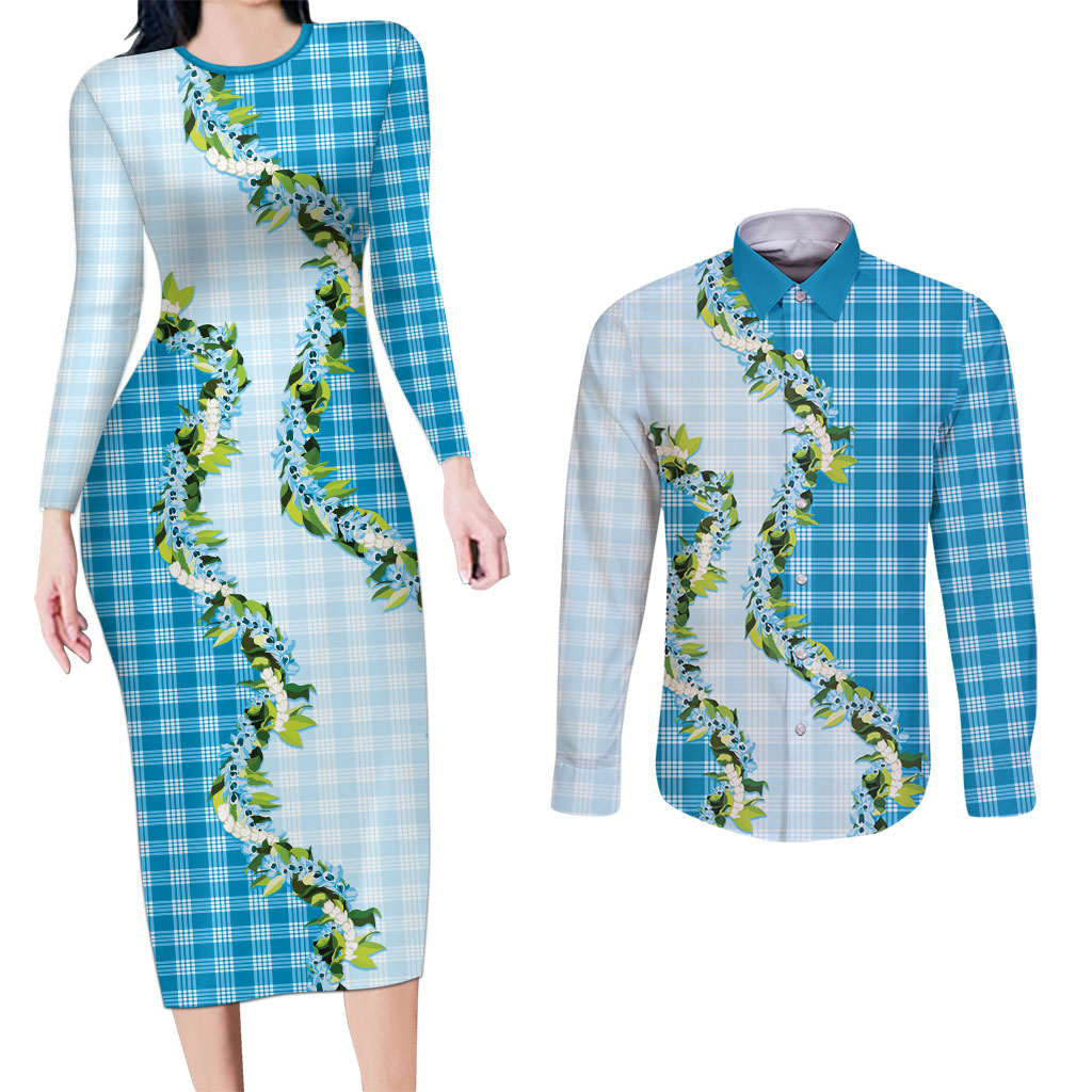 Blue Hawaii Palaka Couples Matching Long Sleeve Bodycon Dress and Long Sleeve Button Shirt Maile Pikake Honohono Orchid Lei