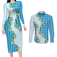 Blue Hawaii Palaka Couples Matching Long Sleeve Bodycon Dress and Long Sleeve Button Shirt Maile Pikake Honohono Orchid Lei