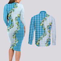 Blue Hawaii Palaka Couples Matching Long Sleeve Bodycon Dress and Long Sleeve Button Shirt Maile Pikake Honohono Orchid Lei