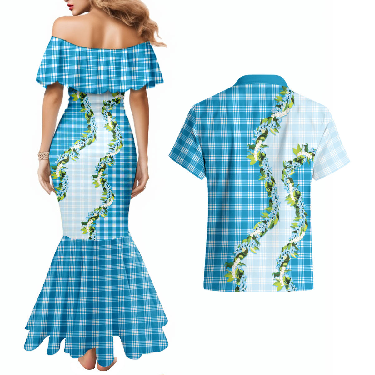 Blue Hawaii Palaka Couples Matching Mermaid Dress and Hawaiian Shirt Maile Pikake Honohono Orchid Lei