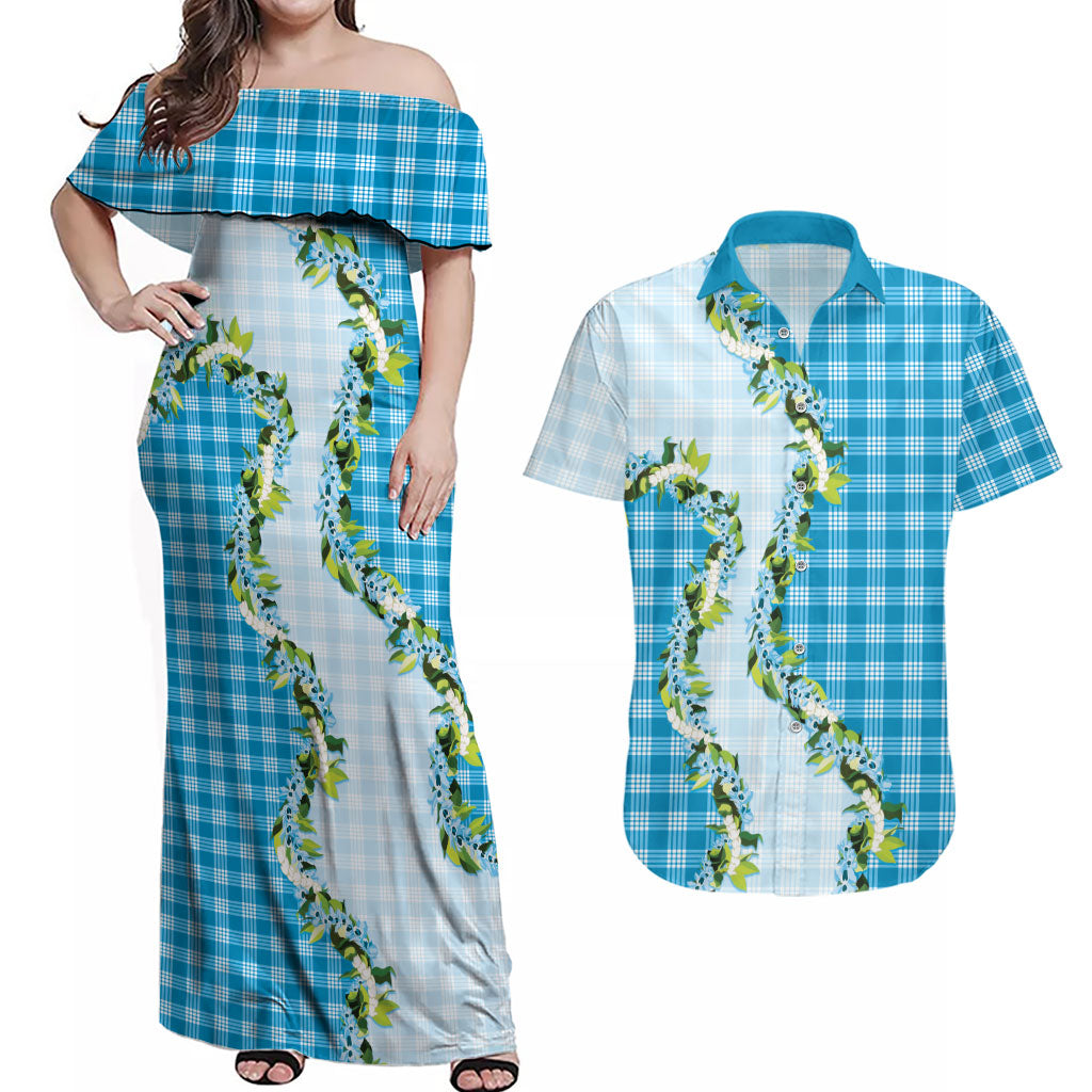Blue Hawaii Palaka Couples Matching Off Shoulder Maxi Dress and Hawaiian Shirt Maile Pikake Honohono Orchid Lei