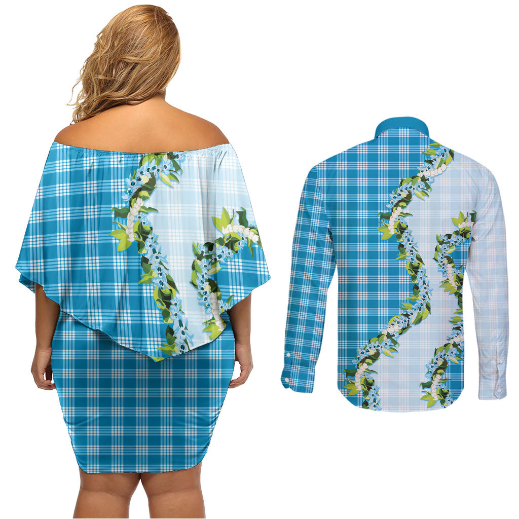 Blue Hawaii Palaka Couples Matching Off Shoulder Short Dress and Long Sleeve Button Shirt Maile Pikake Honohono Orchid Lei