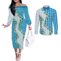 Blue Hawaii Palaka Couples Matching Off The Shoulder Long Sleeve Dress and Long Sleeve Button Shirt Maile Pikake Honohono Orchid Lei