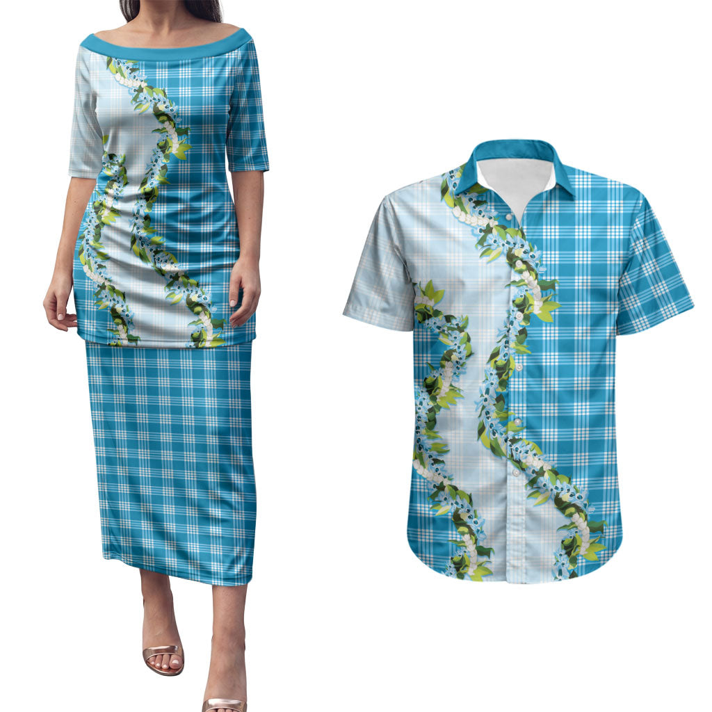 Blue Hawaii Palaka Couples Matching Puletasi and Hawaiian Shirt Maile Pikake Honohono Orchid Lei LT05 Blue - Polynesian Pride