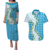 Blue Hawaii Palaka Couples Matching Puletasi and Hawaiian Shirt Maile Pikake Honohono Orchid Lei