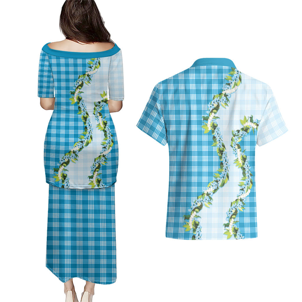 Blue Hawaii Palaka Couples Matching Puletasi and Hawaiian Shirt Maile Pikake Honohono Orchid Lei