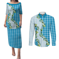 Blue Hawaii Palaka Couples Matching Puletasi and Long Sleeve Button Shirt Maile Pikake Honohono Orchid Lei