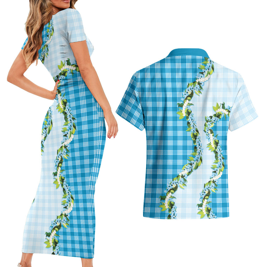 Blue Hawaii Palaka Couples Matching Short Sleeve Bodycon Dress and Hawaiian Shirt Maile Pikake Honohono Orchid Lei
