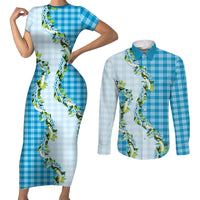 Blue Hawaii Palaka Couples Matching Short Sleeve Bodycon Dress and Long Sleeve Button Shirt Maile Pikake Honohono Orchid Lei