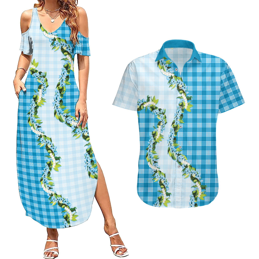 Blue Hawaii Palaka Couples Matching Summer Maxi Dress and Hawaiian Shirt Maile Pikake Honohono Orchid Lei