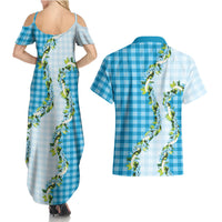 Blue Hawaii Palaka Couples Matching Summer Maxi Dress and Hawaiian Shirt Maile Pikake Honohono Orchid Lei