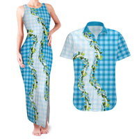 Blue Hawaii Palaka Couples Matching Tank Maxi Dress and Hawaiian Shirt Maile Pikake Honohono Orchid Lei