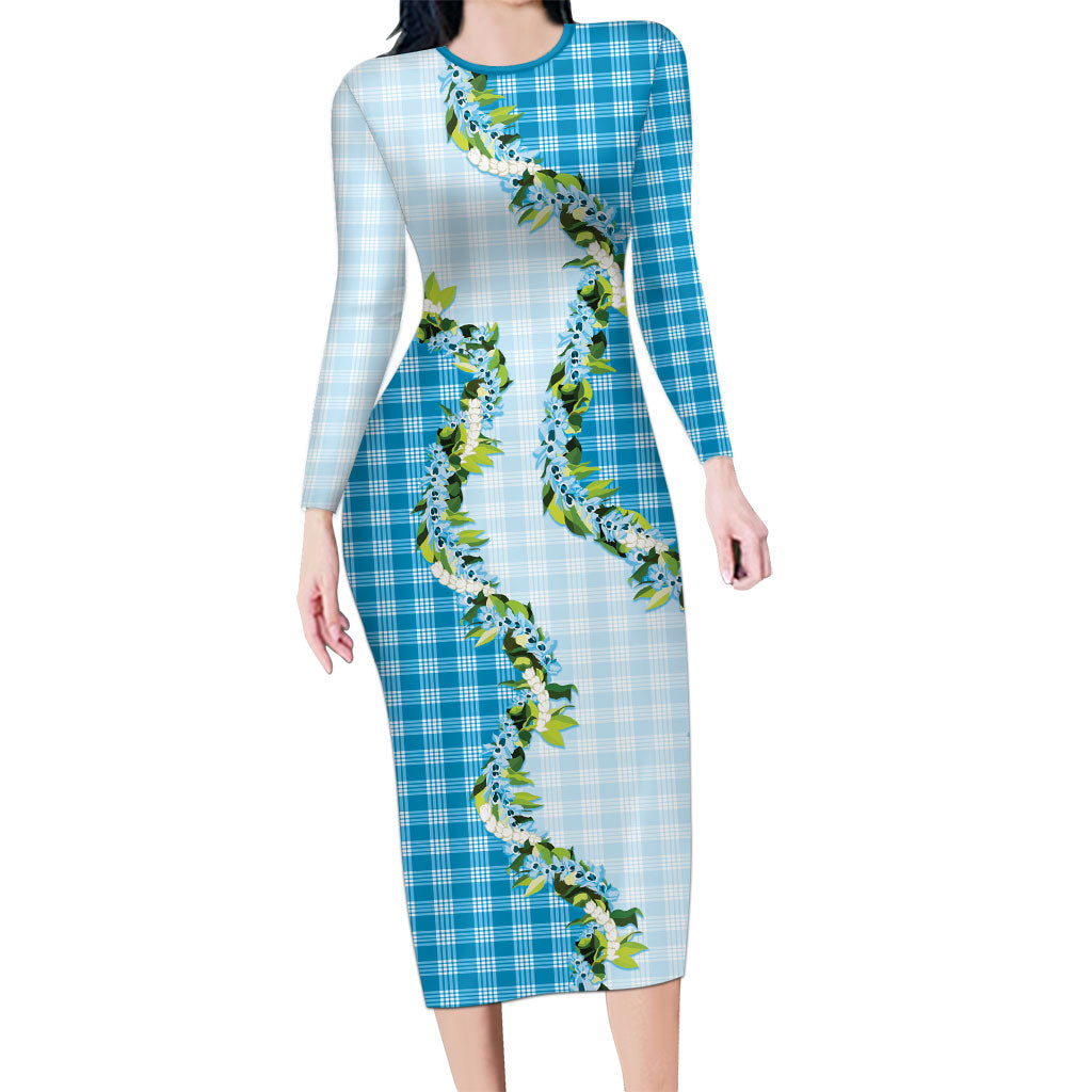 Blue Hawaii Palaka Family Matching Long Sleeve Bodycon Dress and Hawaiian Shirt Maile Pikake Honohono Orchid Lei