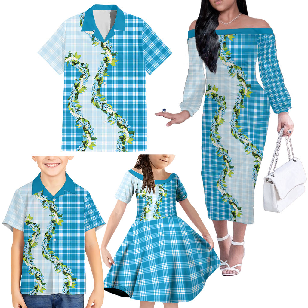 Blue Hawaii Palaka Family Matching Off The Shoulder Long Sleeve Dress and Hawaiian Shirt Maile Pikake Honohono Orchid Lei