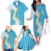 Blue Hawaii Palaka Family Matching Off The Shoulder Long Sleeve Dress and Hawaiian Shirt Maile Pikake Honohono Orchid Lei