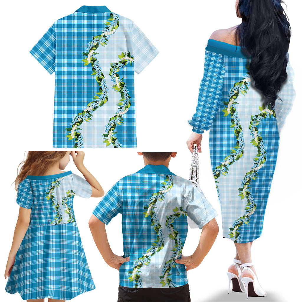 Blue Hawaii Palaka Family Matching Off The Shoulder Long Sleeve Dress and Hawaiian Shirt Maile Pikake Honohono Orchid Lei