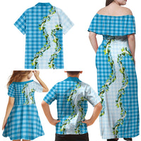 Blue Hawaii Palaka Family Matching Off Shoulder Maxi Dress and Hawaiian Shirt Maile Pikake Honohono Orchid Lei