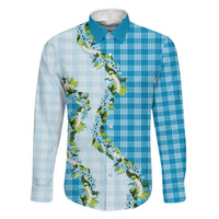 Blue Hawaii Palaka Family Matching Off Shoulder Maxi Dress and Hawaiian Shirt Maile Pikake Honohono Orchid Lei