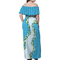 Blue Hawaii Palaka Family Matching Off Shoulder Maxi Dress and Hawaiian Shirt Maile Pikake Honohono Orchid Lei