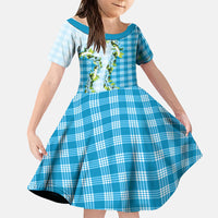 Blue Hawaii Palaka Family Matching Off Shoulder Short Dress and Hawaiian Shirt Maile Pikake Honohono Orchid Lei