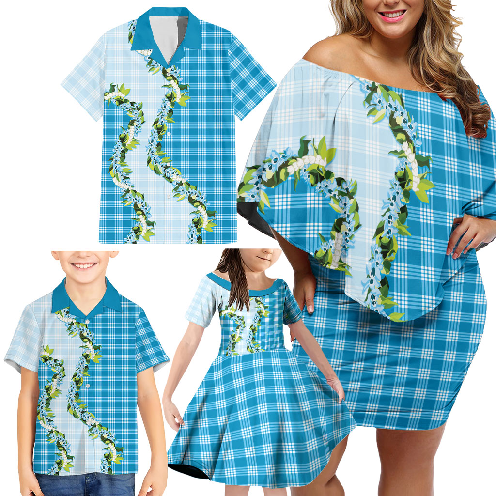 Blue Hawaii Palaka Family Matching Off Shoulder Short Dress and Hawaiian Shirt Maile Pikake Honohono Orchid Lei