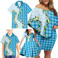 Blue Hawaii Palaka Family Matching Off Shoulder Short Dress and Hawaiian Shirt Maile Pikake Honohono Orchid Lei