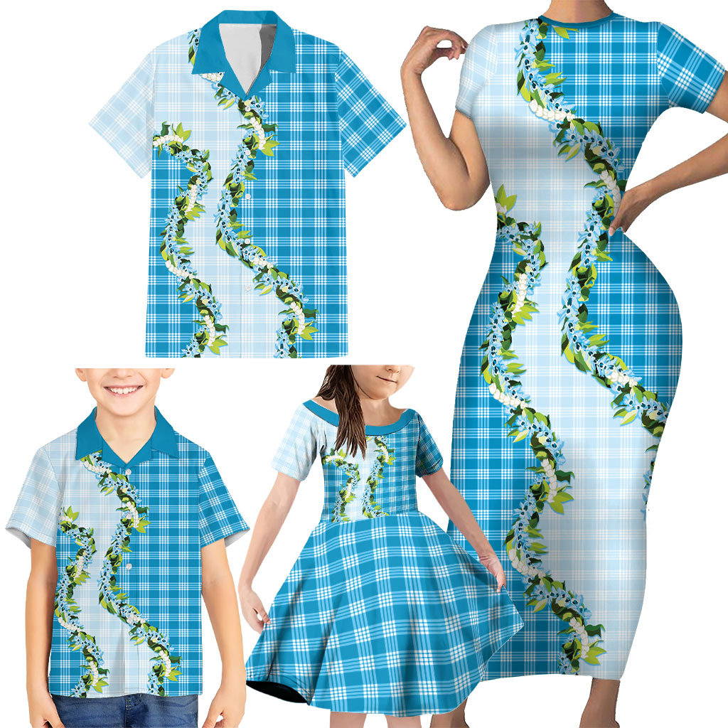 Blue Hawaii Palaka Family Matching Short Sleeve Bodycon Dress and Hawaiian Shirt Maile Pikake Honohono Orchid Lei