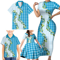 Blue Hawaii Palaka Family Matching Short Sleeve Bodycon Dress and Hawaiian Shirt Maile Pikake Honohono Orchid Lei