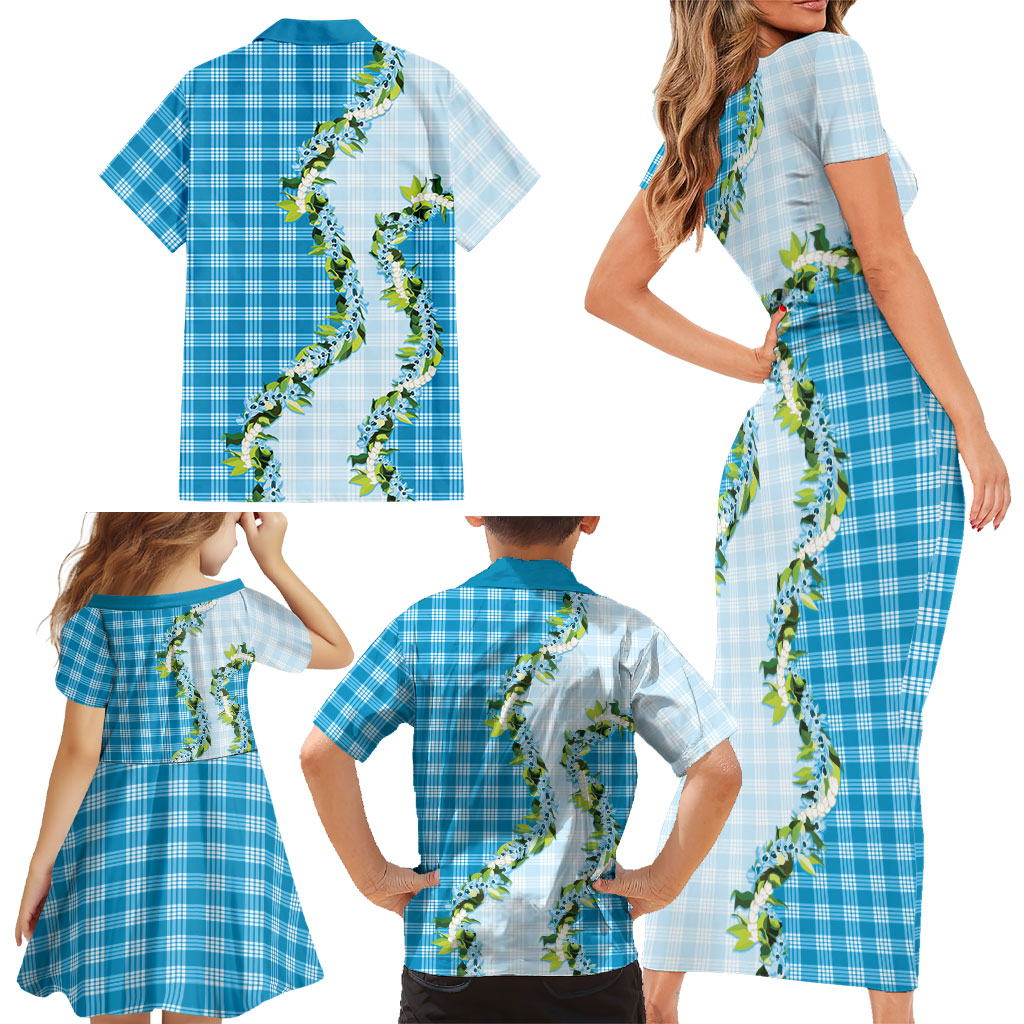 Blue Hawaii Palaka Family Matching Short Sleeve Bodycon Dress and Hawaiian Shirt Maile Pikake Honohono Orchid Lei
